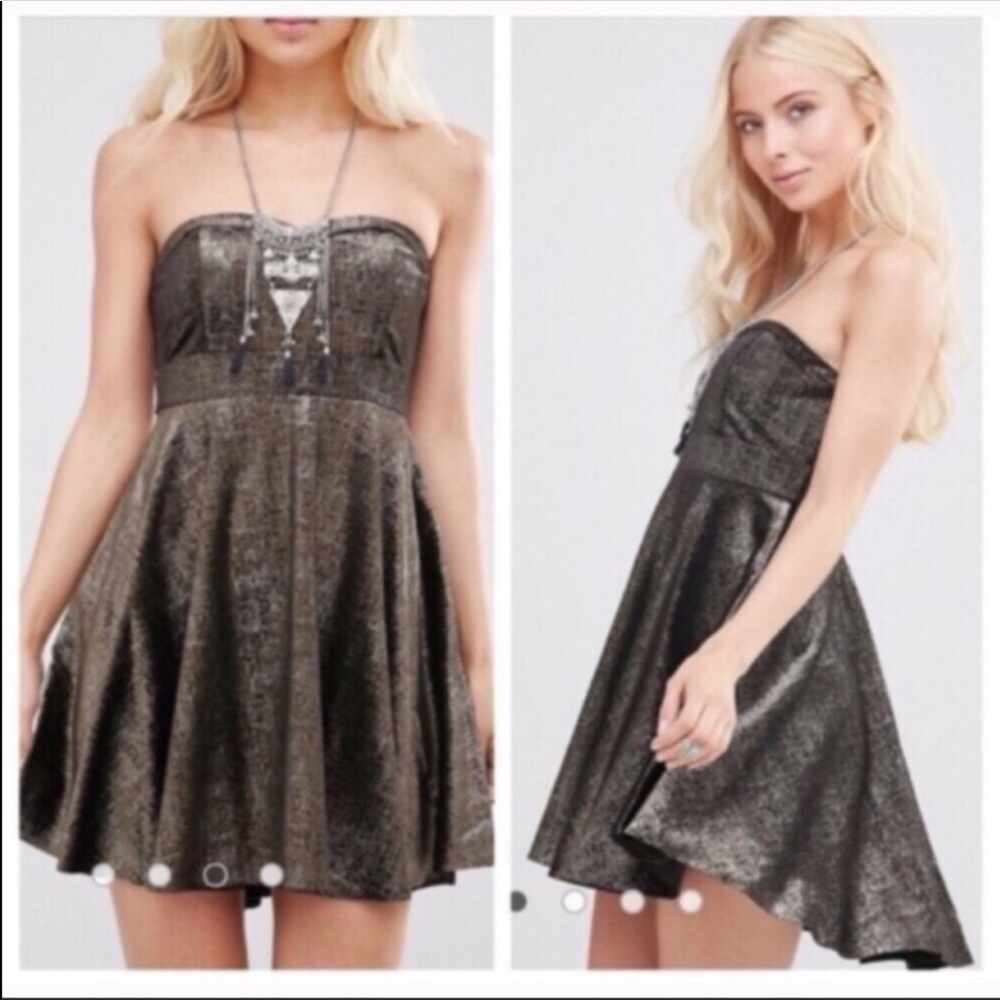 Free People Strapless Gold Black Metallic Dress